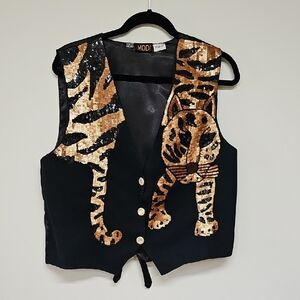 Vtg 90s MODI Sequin Tiger Vest, Gold & Black, Tie Back, Sz L 10/12